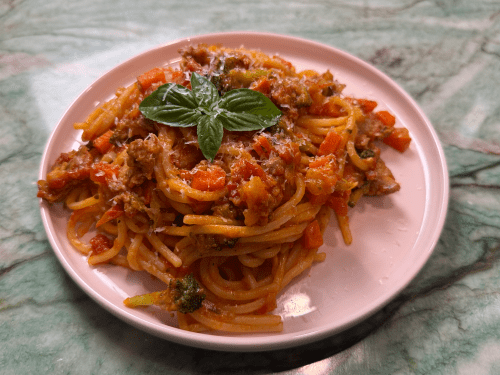 A photo of Garden Vegetable & Sausage Pasta
