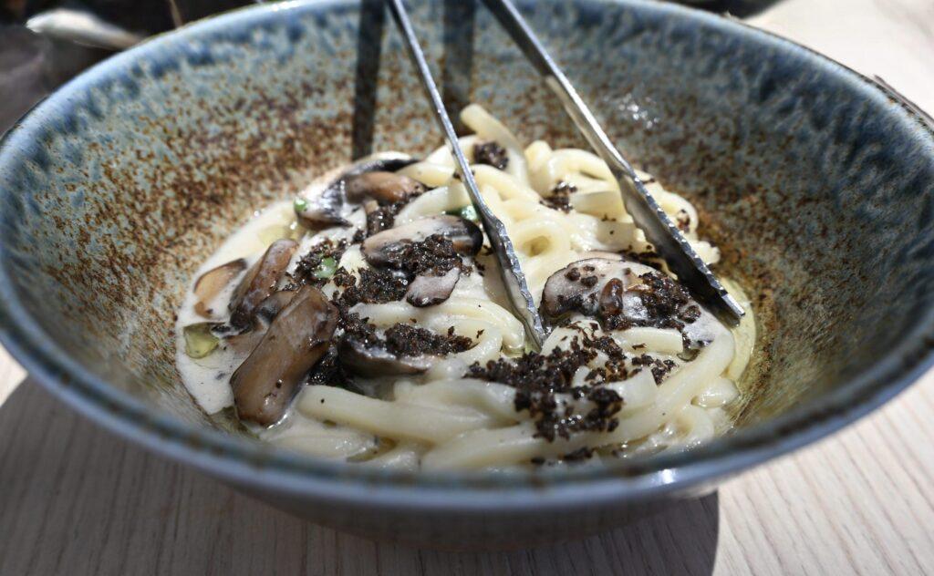 A photo of Udon Noodles with Truffle Mushroom Cream from PLANTA Cocina Marina del Rey