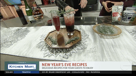 The finished Spiced Cherry Spritzer Mocktail and Pomegranate Orange Champagne Cocktail on Good Day, CBS. Video c/o Christianne Klein.