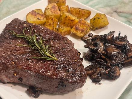 Our Wagyu sirloin, mushrooms, and herbed potato dinner.  Image by Christianne Klein