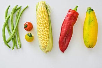 fresh summer vegetables including corn, tomato, pepper, squash. 